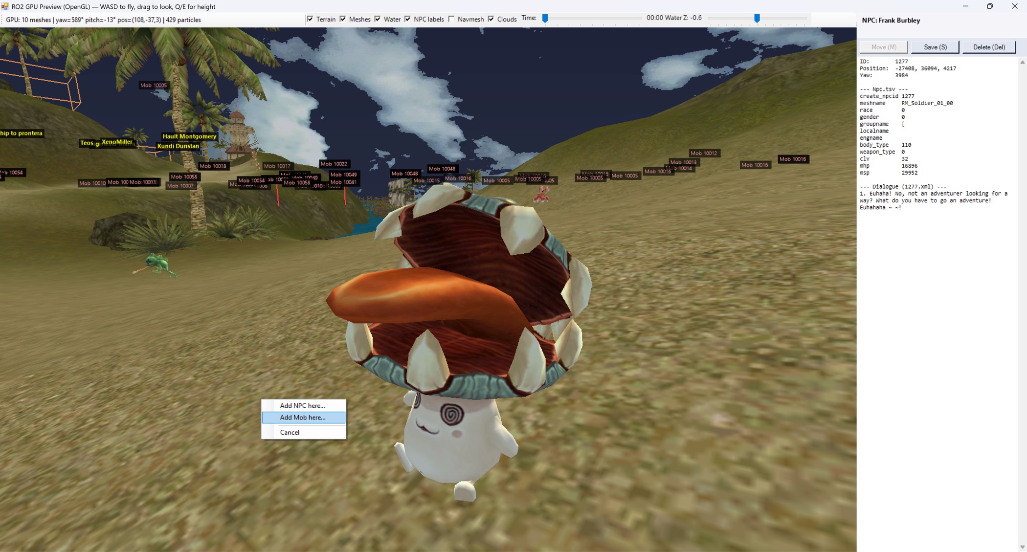 Close editor screenshot showing a character-like mushroom model and the Add Mob context menu.