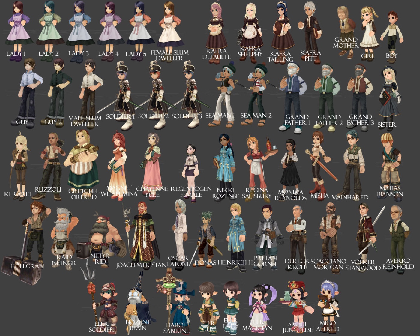 Recovered RO2 NPC lineup showing early character models.