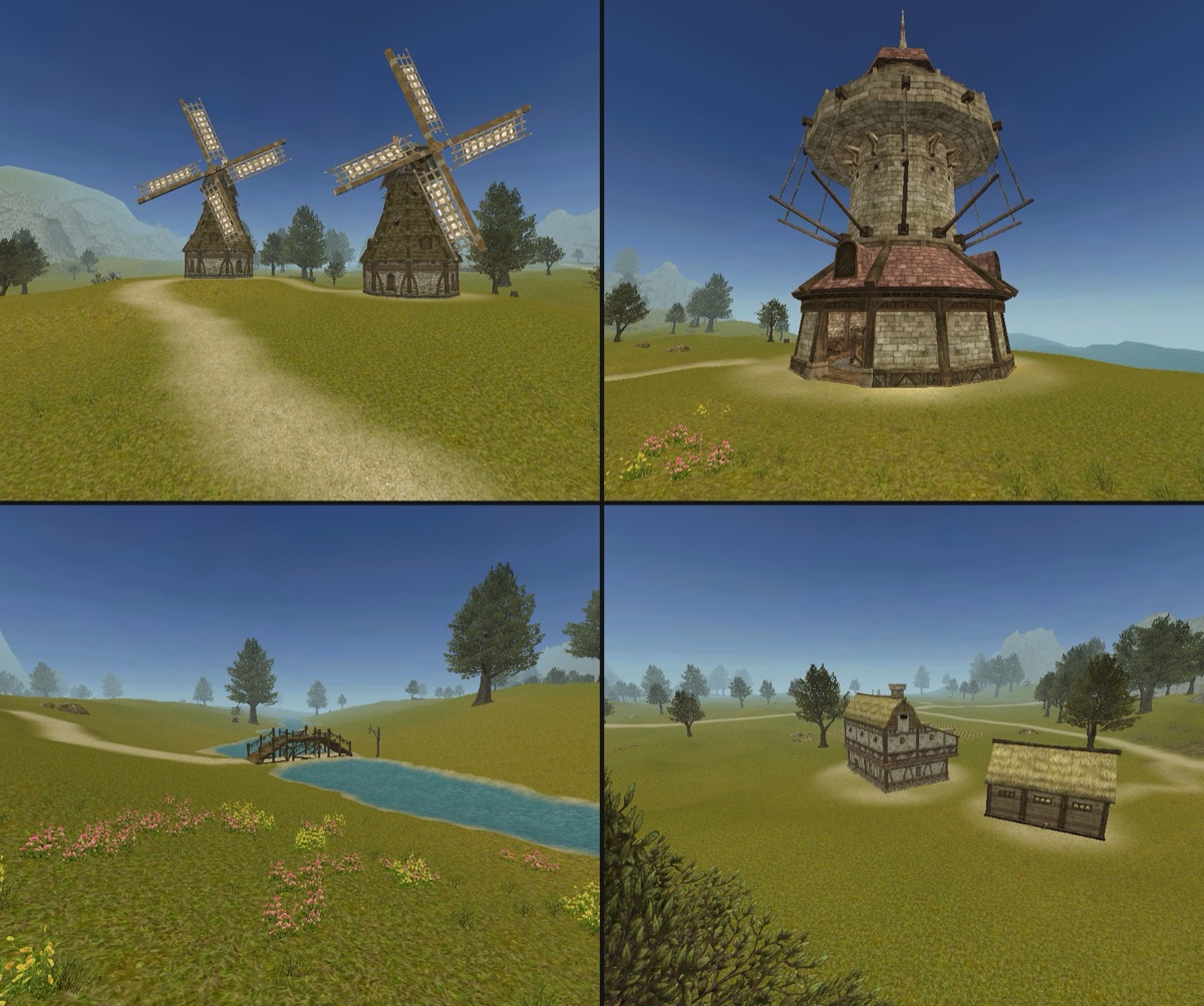 Places made by the map generator: windmills, a lighthouse, a footbridge and a farm