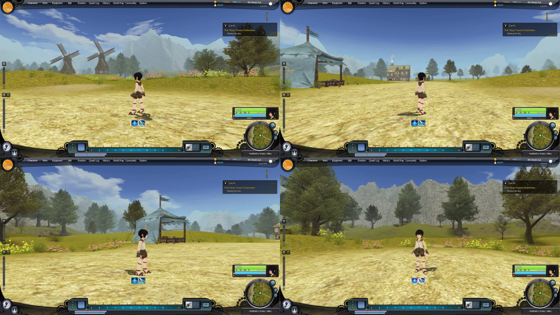 Heatherby Grassy Valley in the game client: windmills on a hill, the aid-post tent and a farmhouse with chimney smoke, the tent under the mountains, the forest edge with flowers