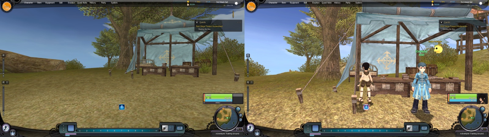 The same spot a few seconds after entering the world: before the fix empty, after the fix with the character, an NPC and a monster